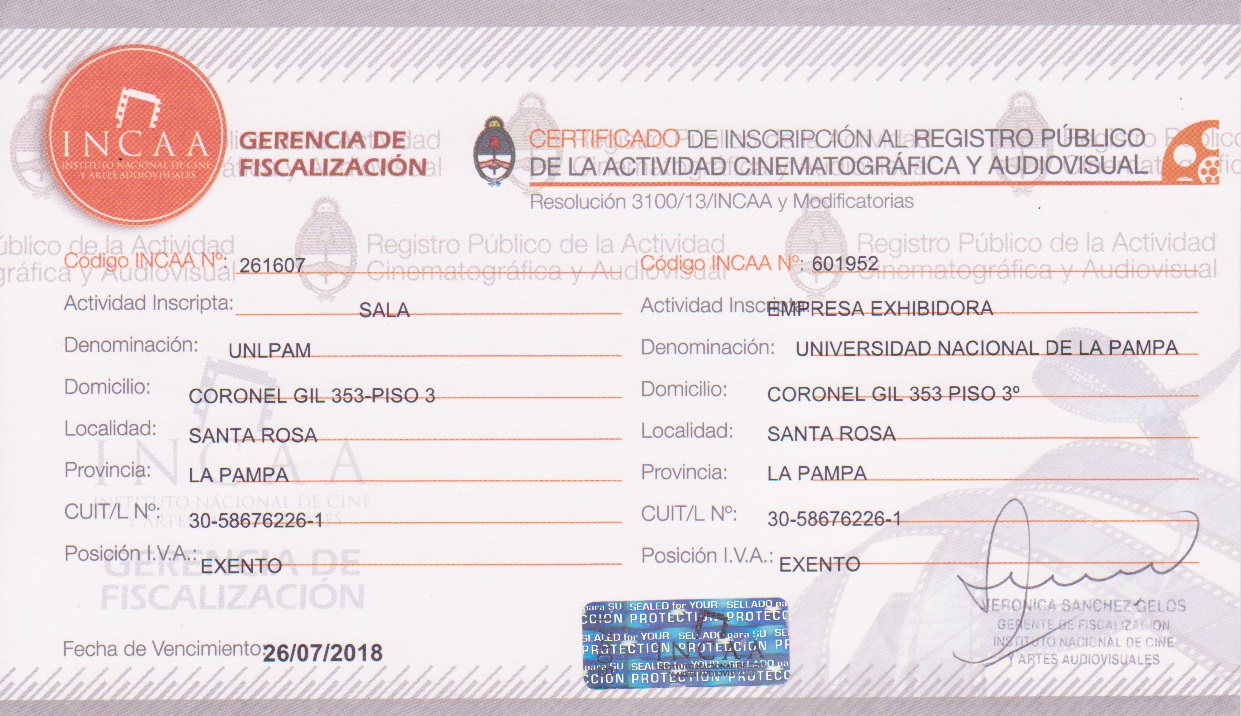 INCAA Certificado de inscripción